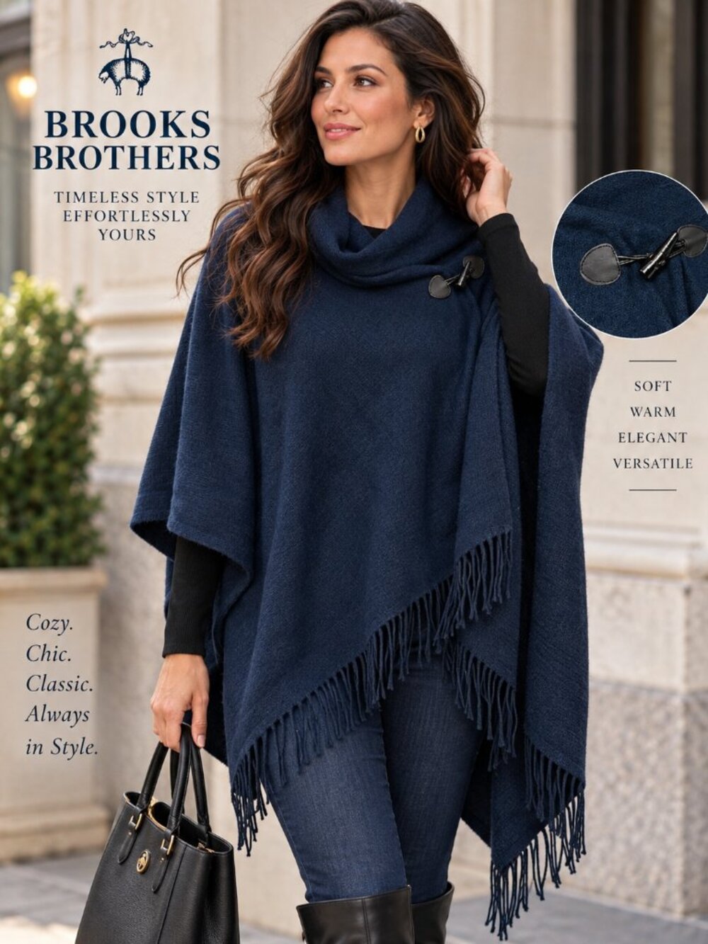 Brooks Brothers Navy Blue Fringe Cape Poncho Wrap Toggle Quiet Luxury Cozy Shawl